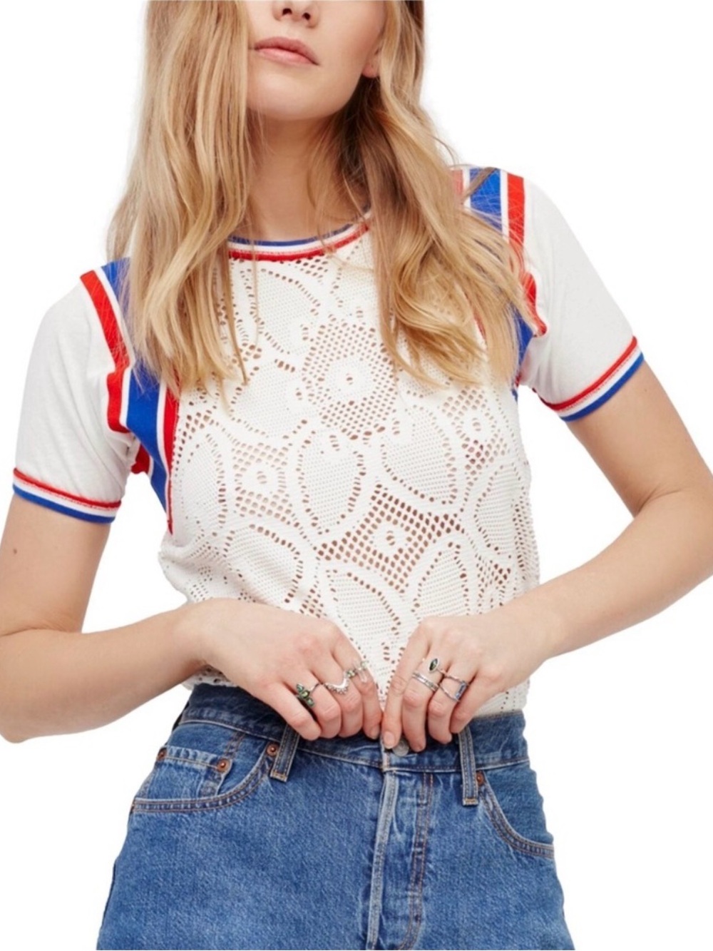 Free People Ivory Mimi Retro Lace Crochet T-Shirt Size Medium